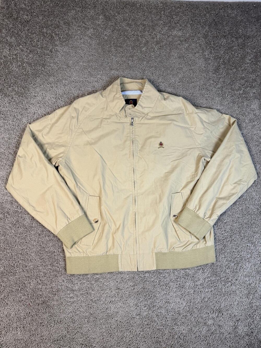 Tommy Hilfiger Jacket Mens XL Beige Bomber Lined Full Zip Logo Lightweight